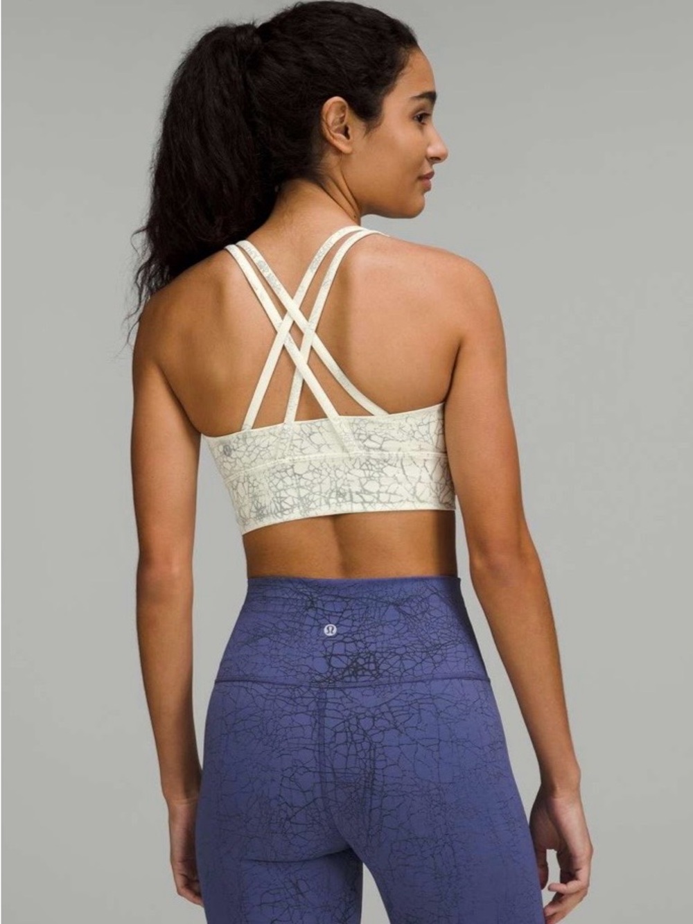 Lululemon Energy Long Line Cracked-Print Strappy Sports Bra in White